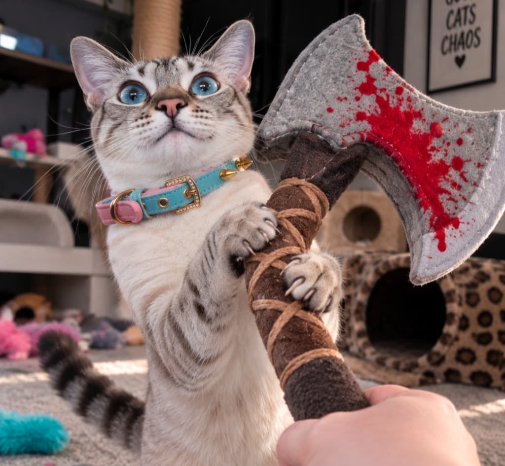 May (Mayhem) standing on her hind legs gripping a bloody plush axe toy